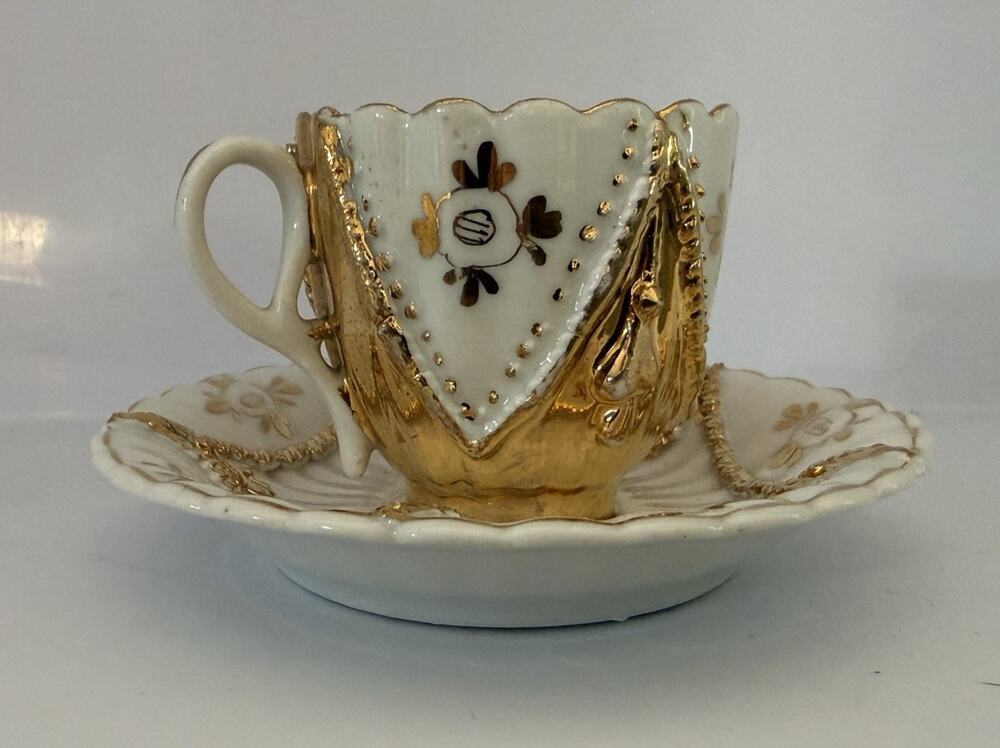 Antique German Gold Flower Design Small Tea Cup and Saucer 2.5x2.25” Germany